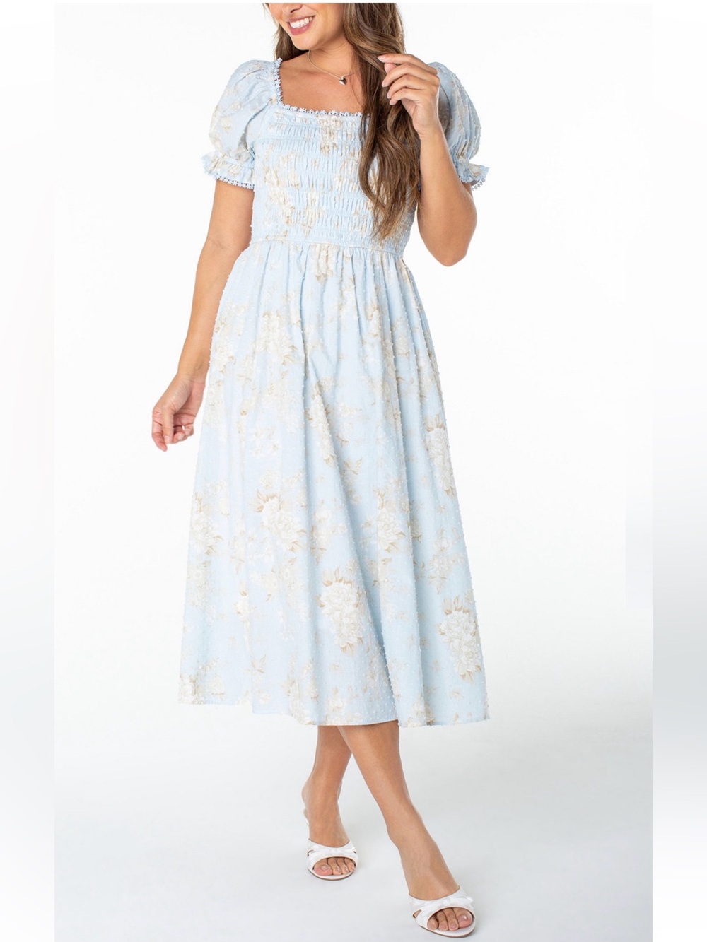 Celebrity Pink Light Blue Floral Smocked Midi Dress
